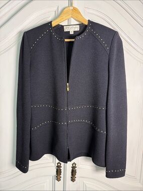 St. John Collection Vintage Women’s Size 4 Navy Knit Gold Studded Zip Jacket